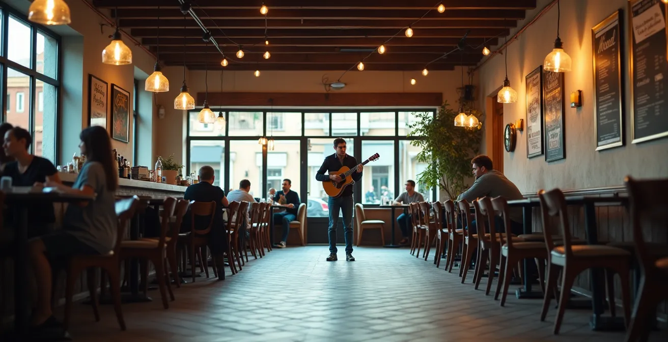 Vue d'ensemble d'un café avec surfaces réfléchissantes montrant un musicien adaptant sa position
