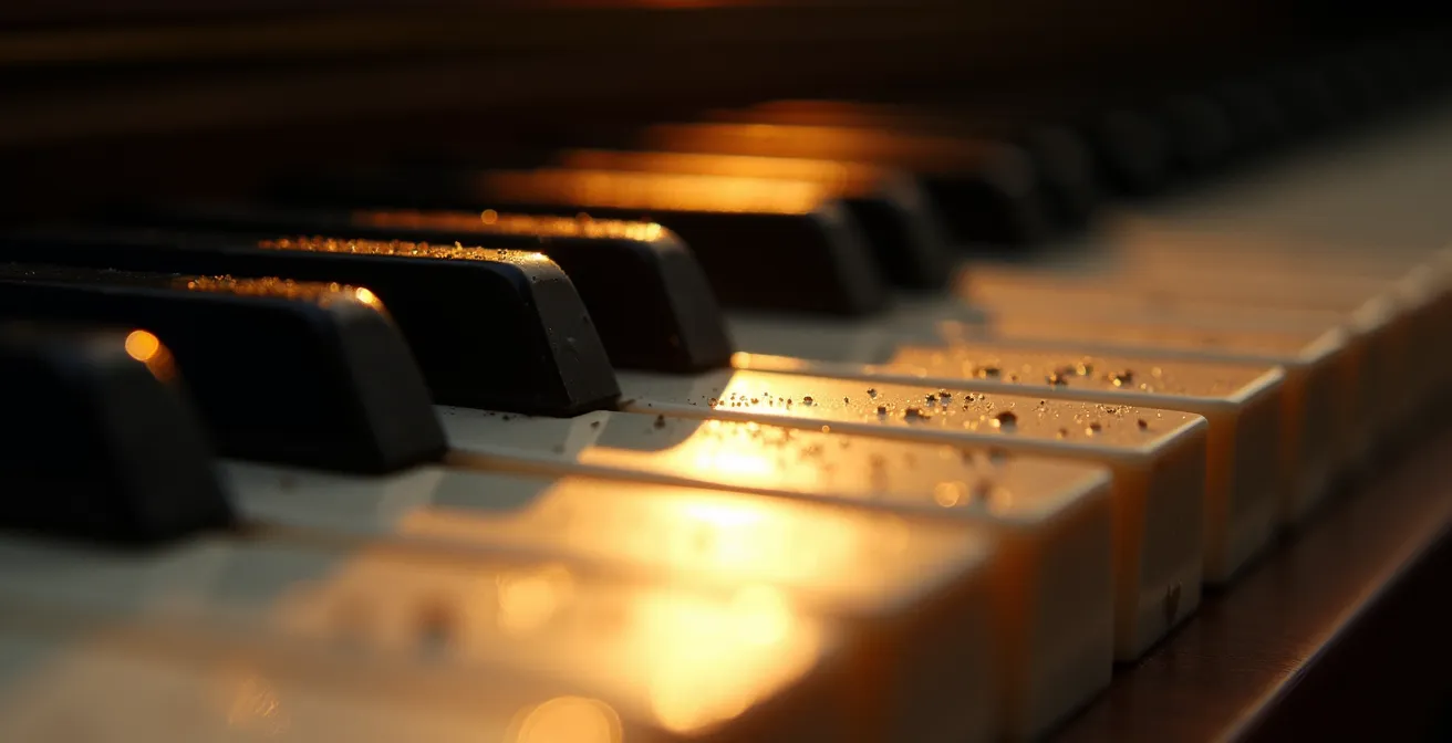 Vue macro des touches de piano avec représentation abstraite des intervalles harmoniques