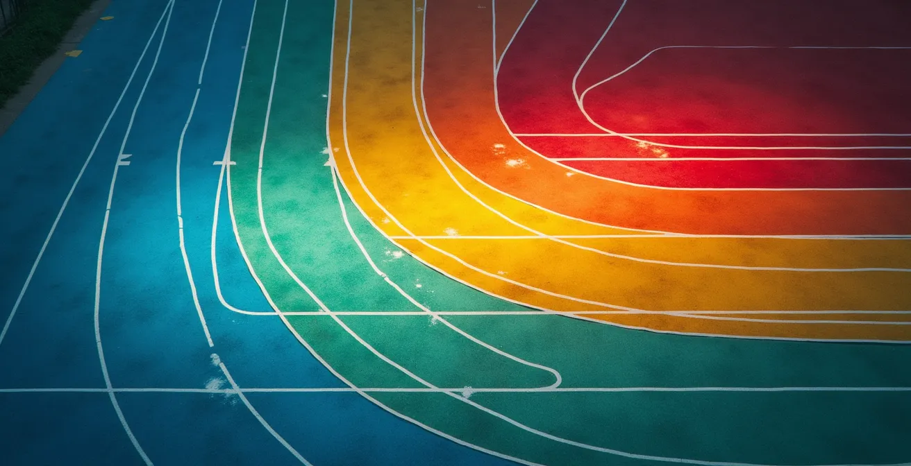 Vue aérienne d'un parcours de course avec différentes zones colorées représentant les phases d'effort