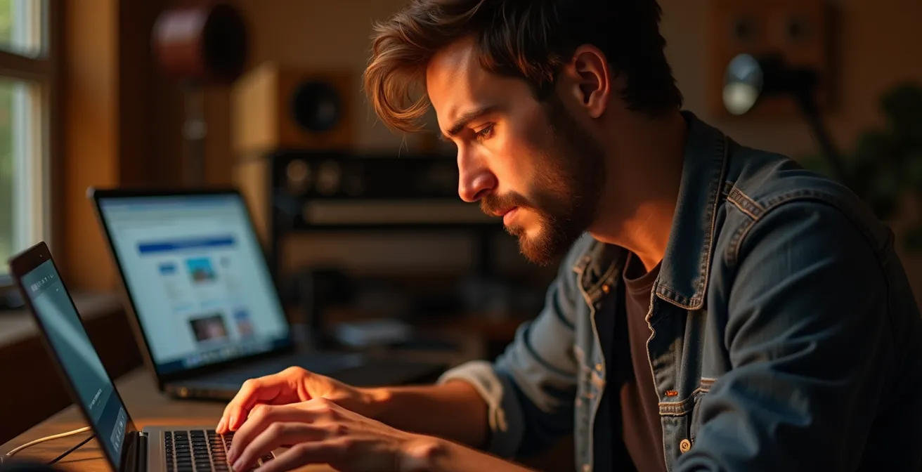 Musicien concentré rédigeant un pitch sur son ordinateur dans un home studio