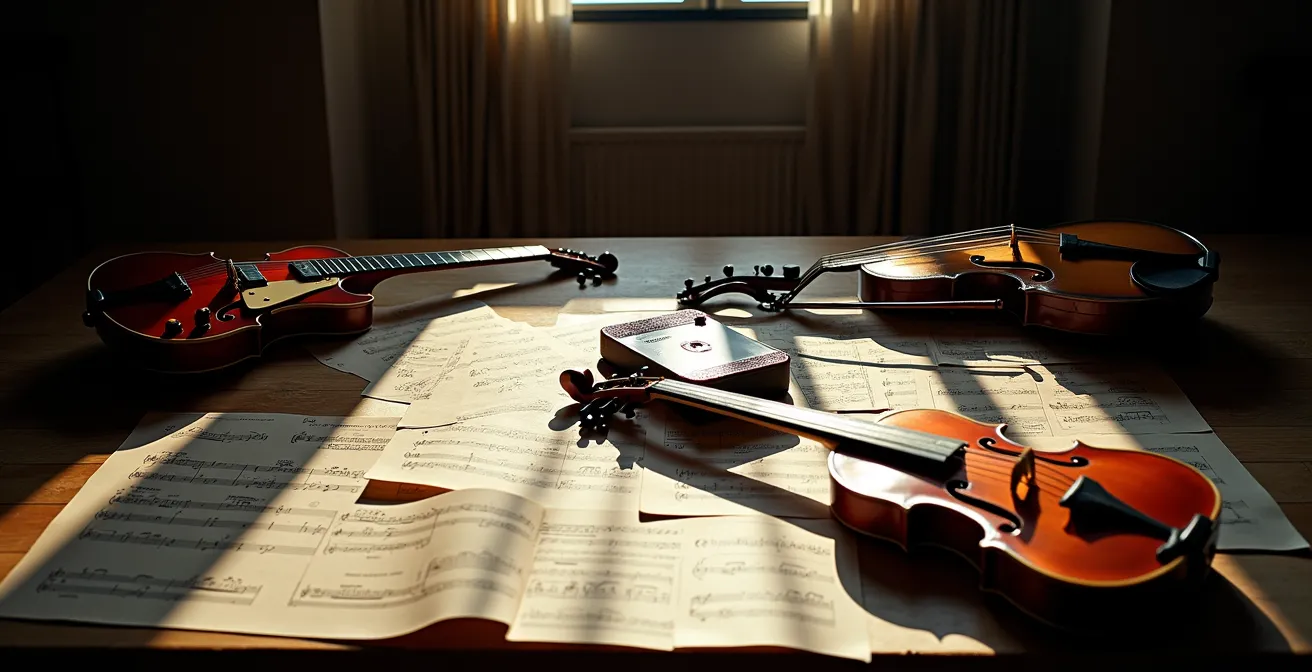 Artiste en pleine réflexion créative dans son studio pour son deuxième album