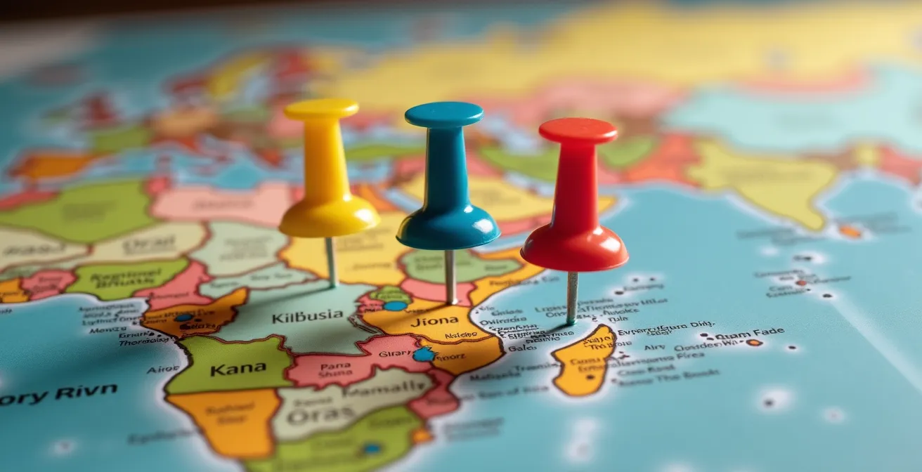 Vue macro d'une carte du monde avec des épingles colorées marquant différentes villes