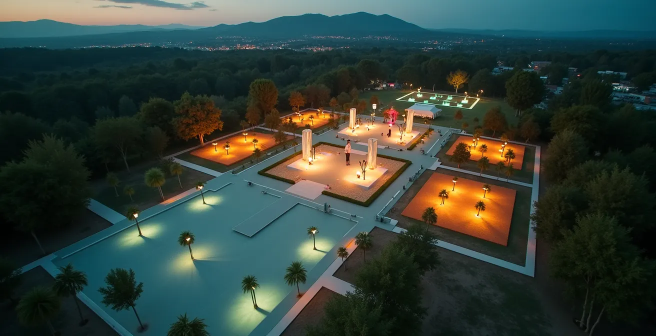 Vue aérienne stylisée d'un site de festival avec zones colorées représentant différents niveaux de stimulation sensorielle