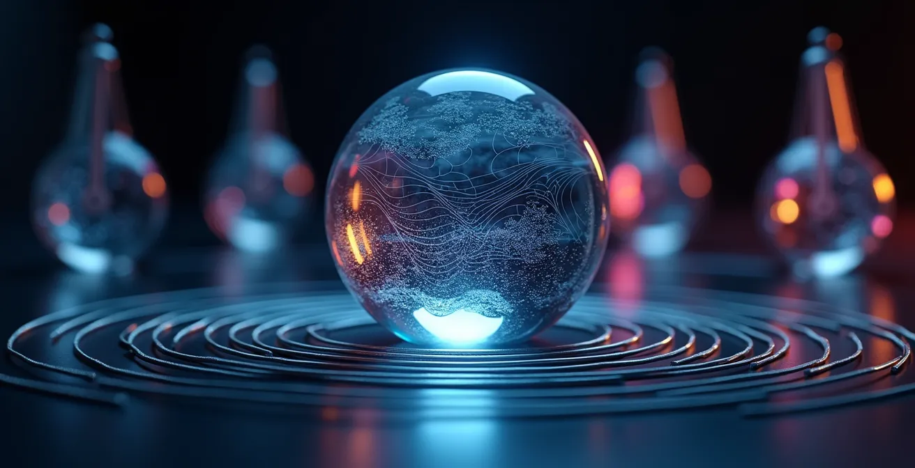 Visualisation abstraite des ondes cérébrales se synchronisant avec un rythme musical