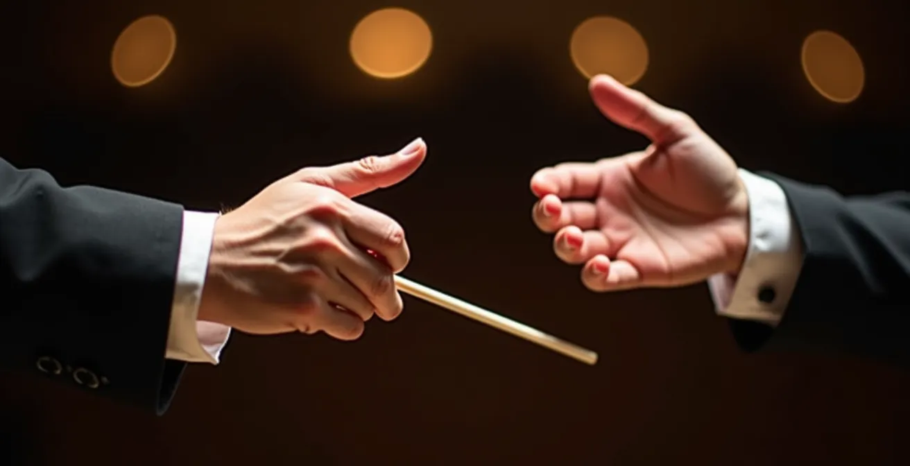 Gros plan sur les mains d'un chef d'orchestre effectuant un geste minimal pour indiquer un pianissimo