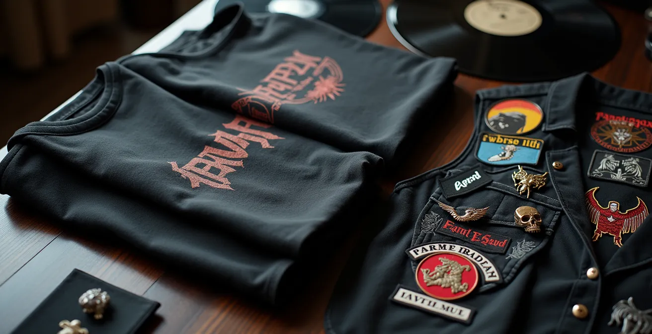 Collection de merchandising metal avec t-shirts noirs et patches disposés artistiquement