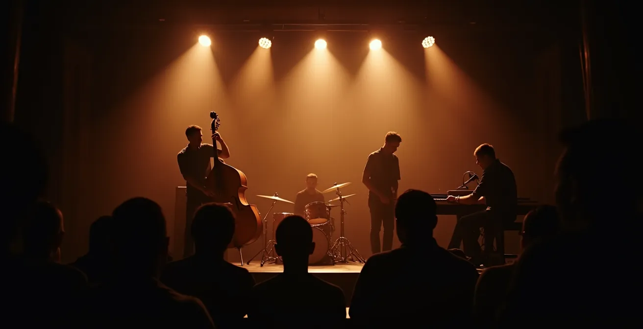 Vue d'ensemble minimaliste d'un groupe de jazz en pleine performance sur scène