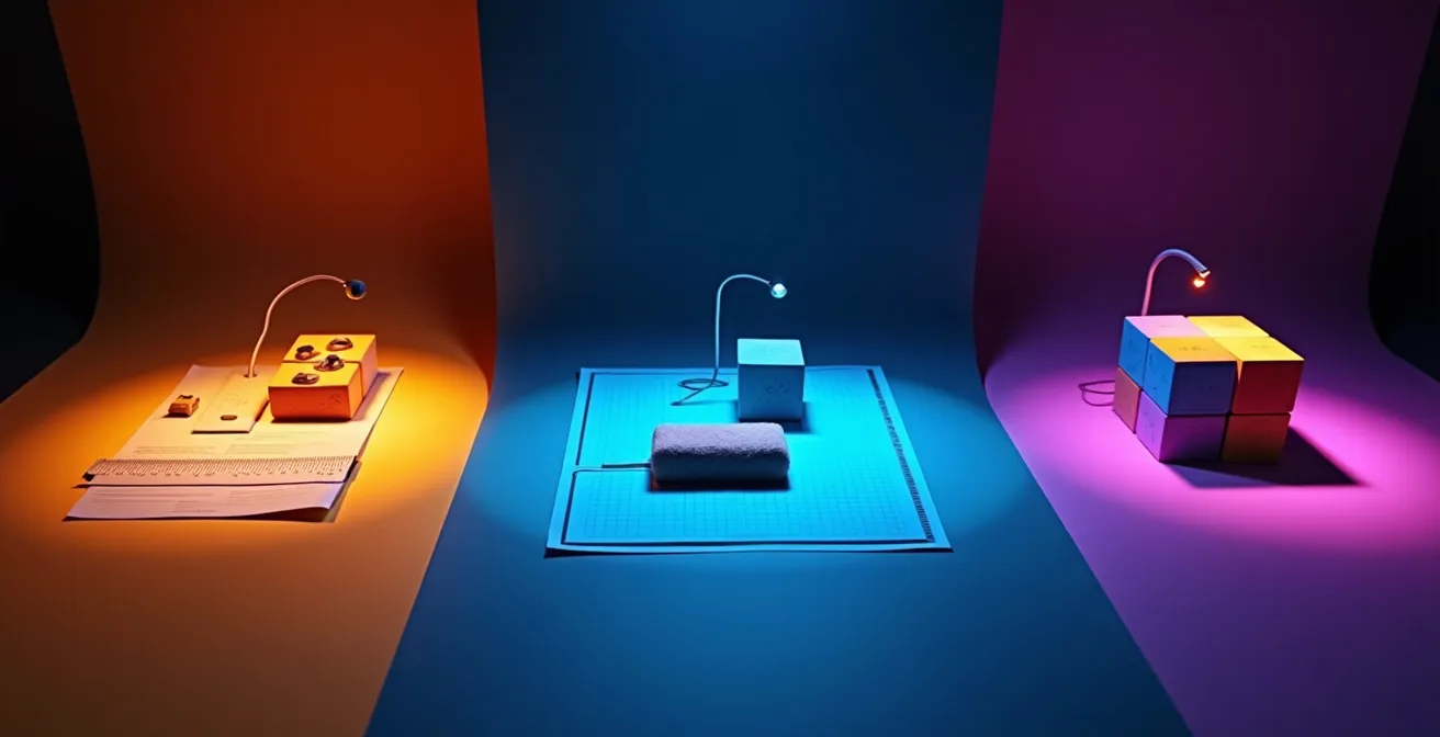 Vue comparative des trois interfaces de production musicale avec leurs caractéristiques distinctives