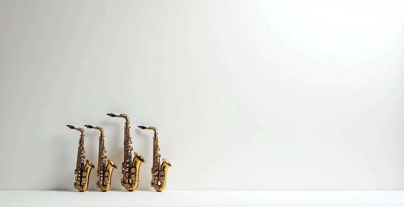 Vue d'ensemble minimaliste de quatre saxophones alignés du soprano au baryton