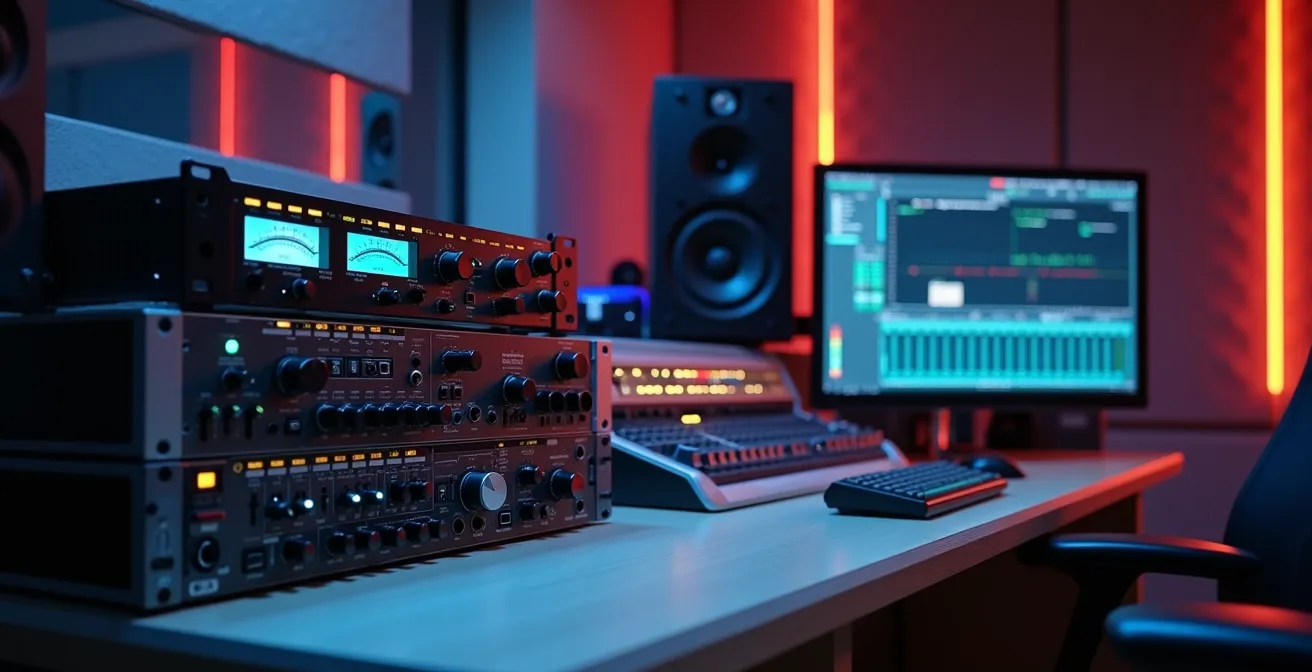 Vue d'un rack de studio avec compresseur multi-bandes et analyseur de spectre montrant les fréquences d'une guitare en Drop C