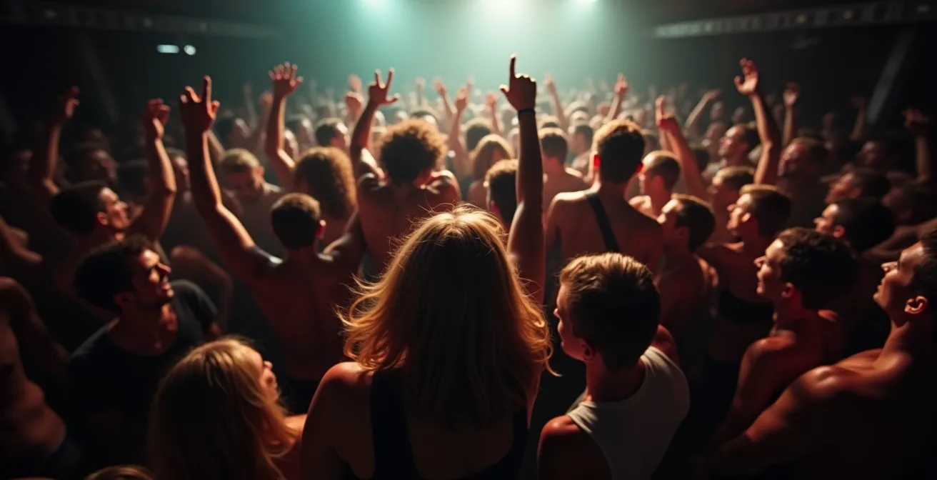 Vue plongeante d'une fosse en mouvement lors d'un concert punk dans une petite salle