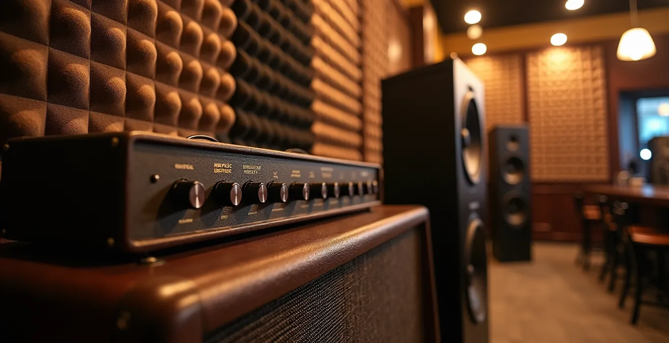 Configuration optimale de sonorisation dans un petit bar avec positionnement stratégique des amplis