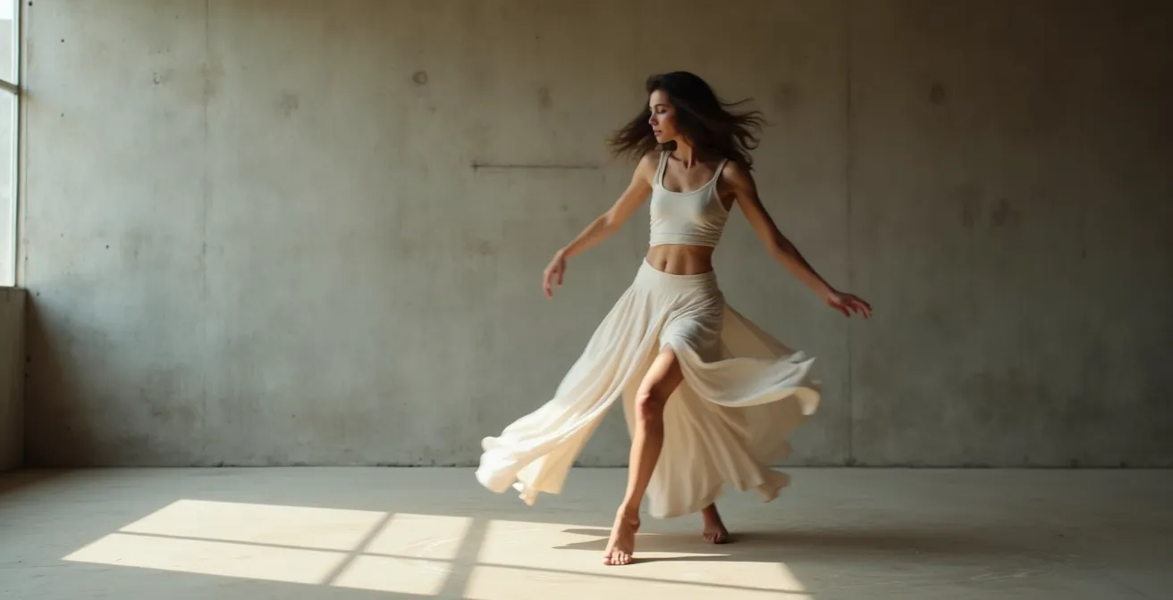 Un danseur capturé en mouvement avec un effet de flou artistique suggérant le placement rythmique