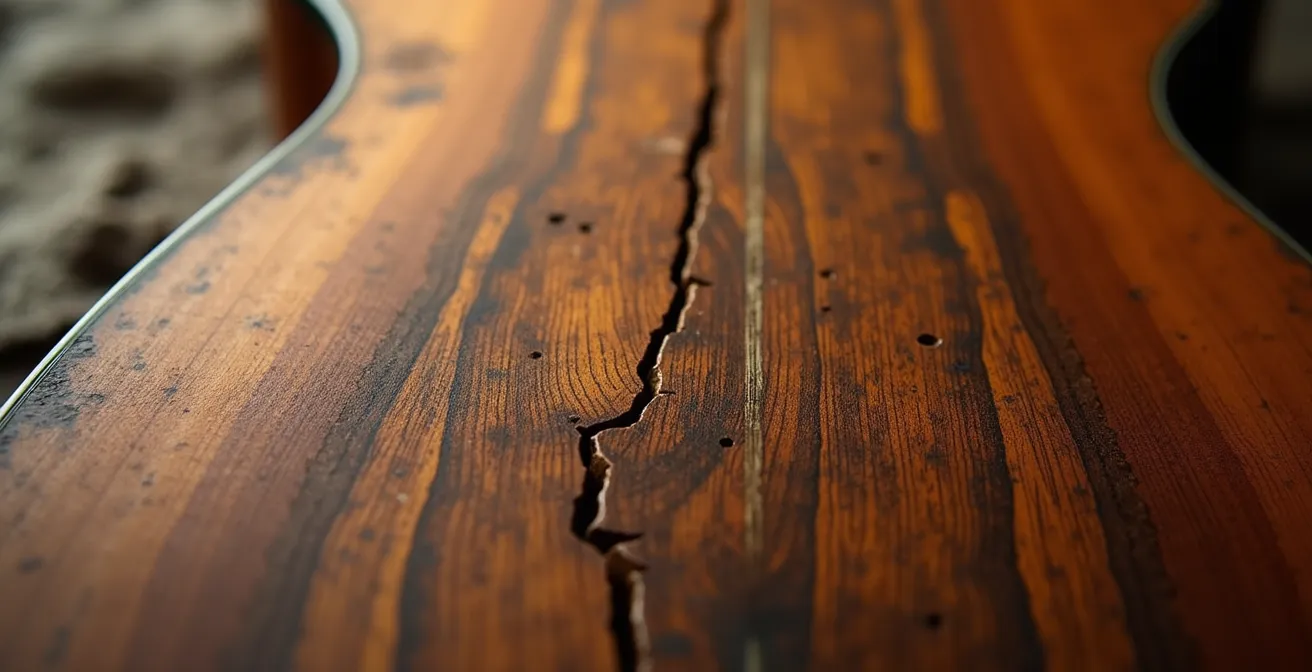 Texture détaillée du bois d'un instrument de musique en macro