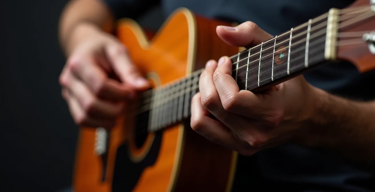 Gros plan sur les mains d'un musicien travaillant sur son instrument avec concentration