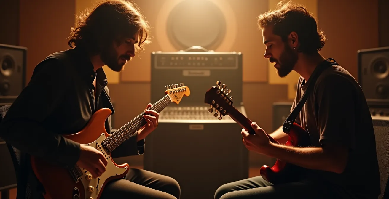 Studio d'enregistrement avec deux guitaristes jouant simultanément le même riff face à face