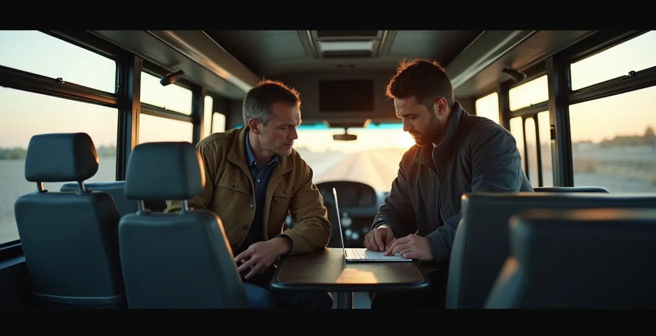 Intérieur d'un bus de tournée moderne montrant l'espace de travail partagé entre équipe technique et administrative