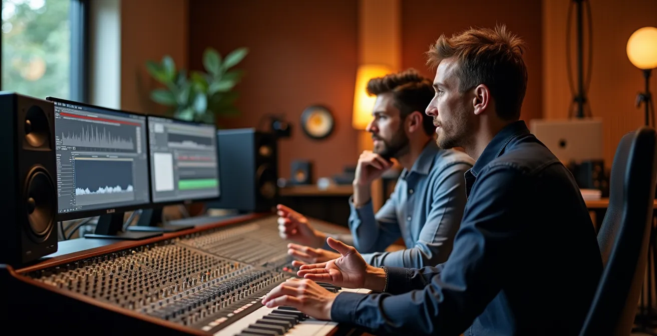 Artiste travaillant en studio avec plusieurs collaborateurs créatifs dans une ambiance collaborative