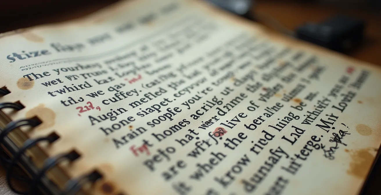 Gros plan sur un carnet de textes punk avec des paroles manuscrites et des ratures, stylo posé à côté