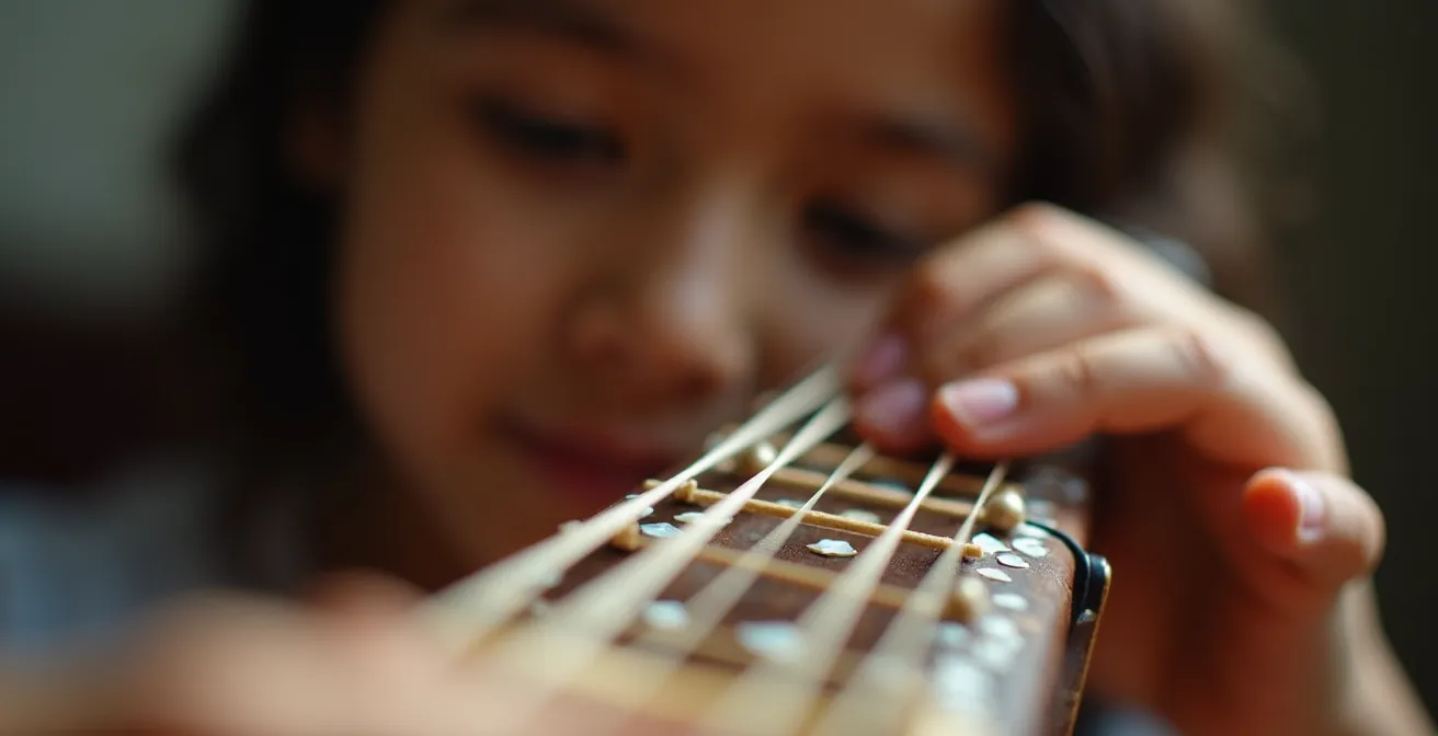 Enfant concentré explorant un instrument à cordes traditionnel non occidental dans un environnement lumineux