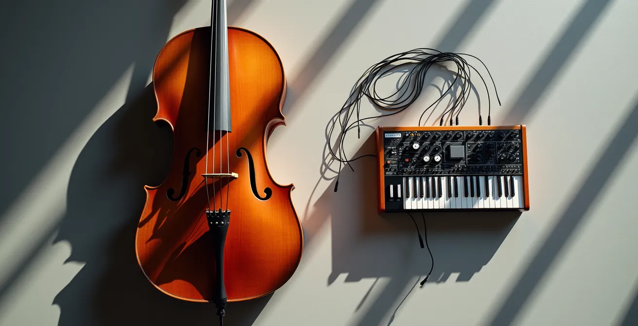 Balance symbolique entre instruments électroniques et classiques dans un studio