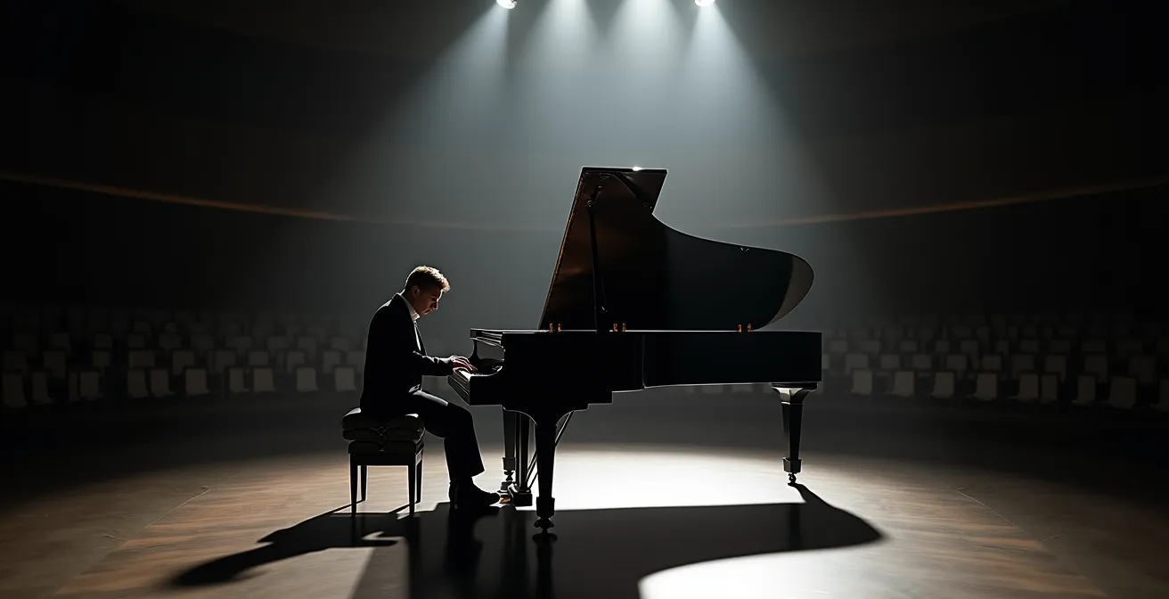 Piano moderne avec mains jouant un accord dissonant, lumière dramatique