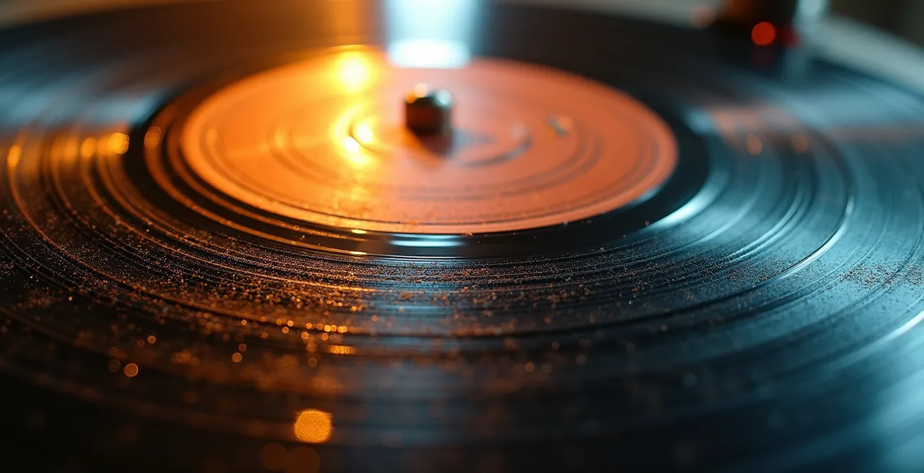 Macro photo de vinyles avec des ondes sonores qui se transforment progressivement en formes géométriques