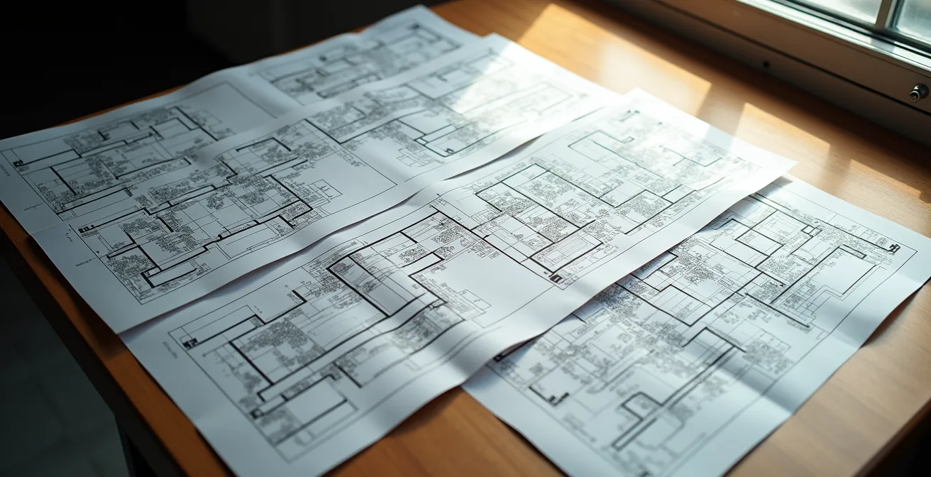 Plans techniques et schémas d'implantation disposés sur une table de travail montrant différentes configurations scéniques