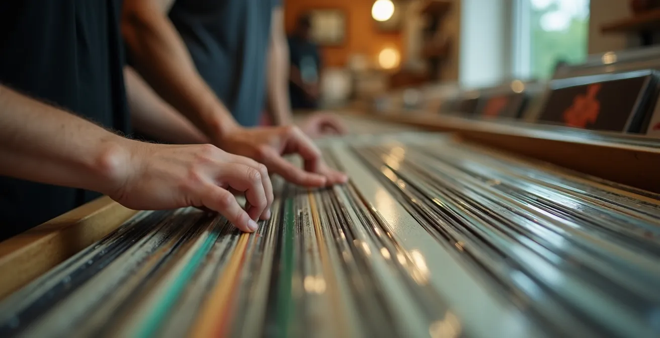 Mains triant des vinyles avec effet de profondeur de champ artistique