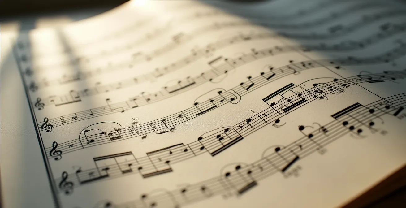 Gros plan sur une partition avec des motifs musicaux mis en évidence par l'ombre naturelle