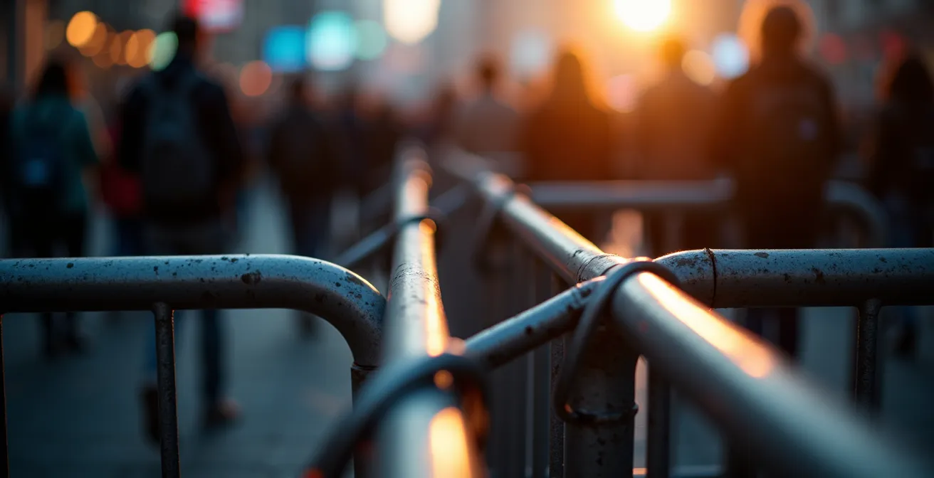 Vue aérienne des flux de festivaliers avec barrières de sécurité et zones de circulation