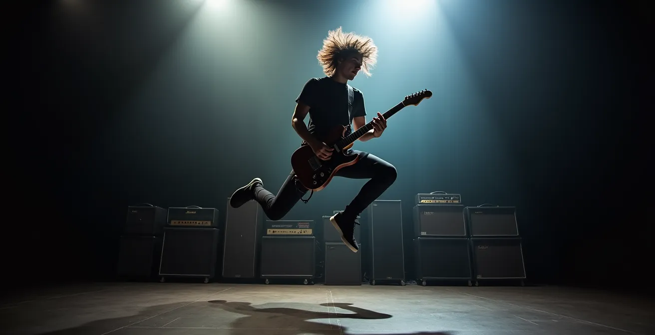 Guitariste en plein saut sur scène, guitare électrique en main, cheveux en mouvement