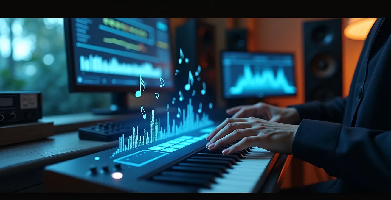 Compositeur travaillant avec des outils d'IA dans un studio de production moderne