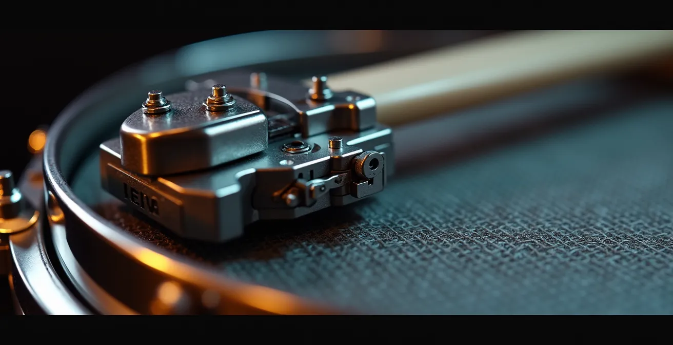 Gros plan macro sur système de trigger installé sur peau de grosse caisse