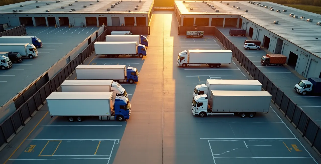 Vue aérienne d'une zone de chargement événementielle montrant l'organisation spatiale des véhicules techniques