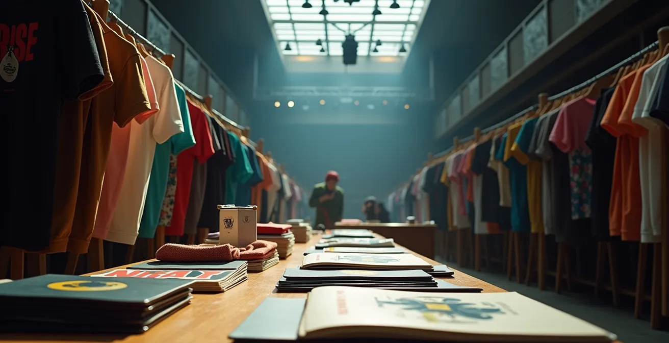 Stand de merchandising avec vêtements et produits dérivés d'artiste lors d'un concert