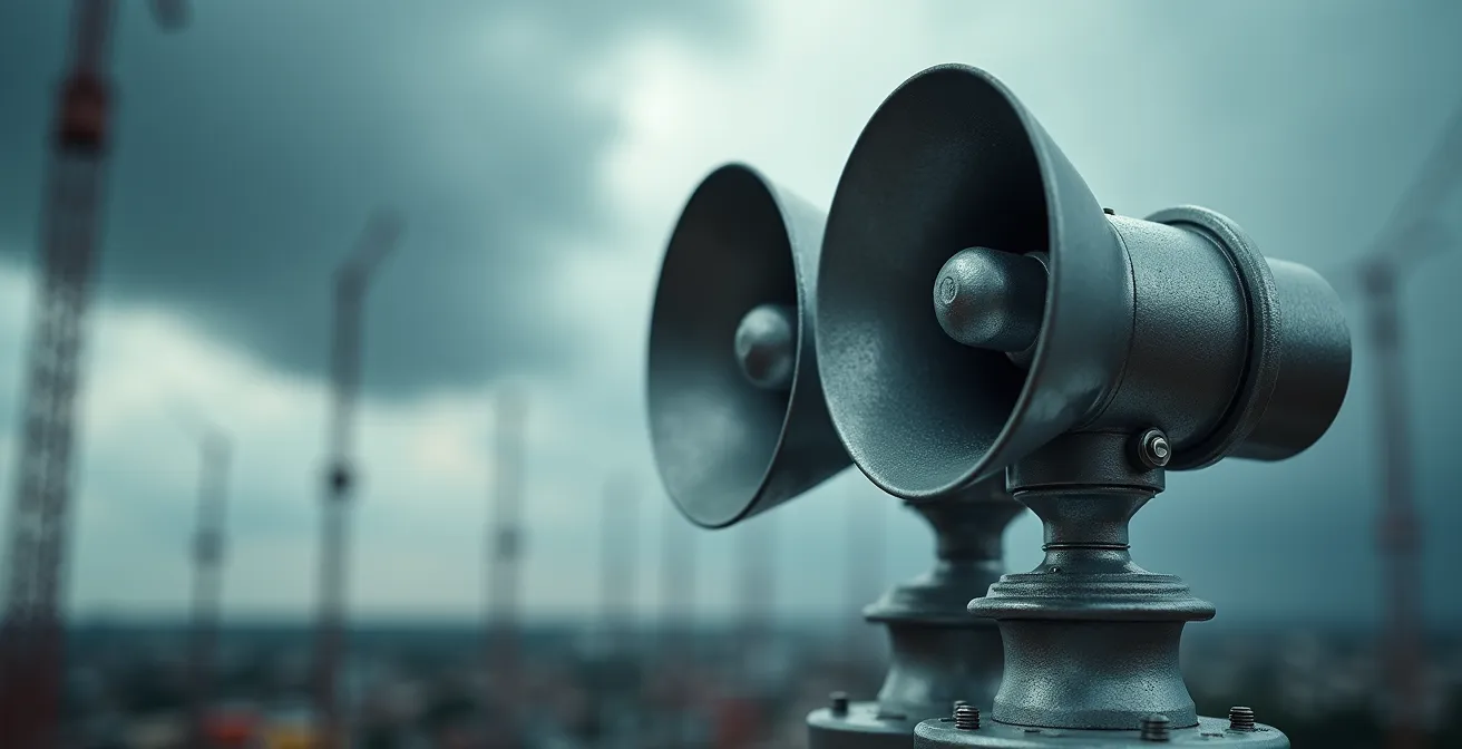 Anémomètres professionnels installés sur une structure de scène avec ciel orageux en arrière-plan