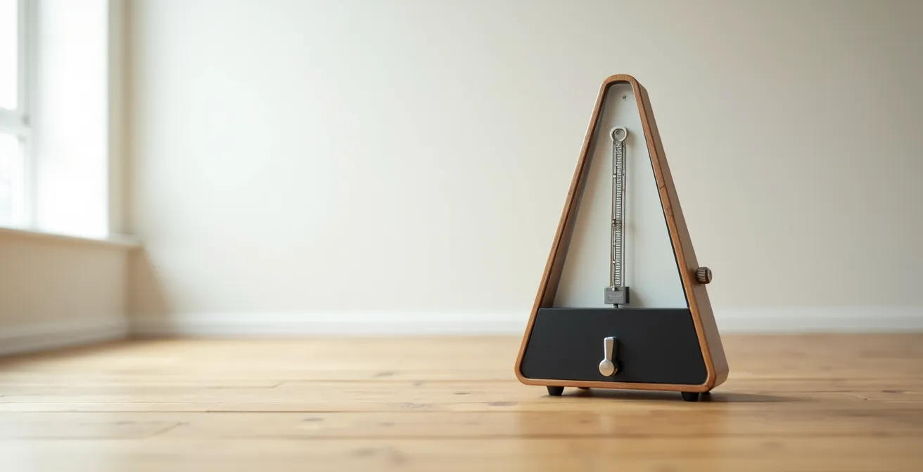 Représentation minimaliste d'un métronome vintage avec des variations de tempo suggérant le passage du boom bap à la trap