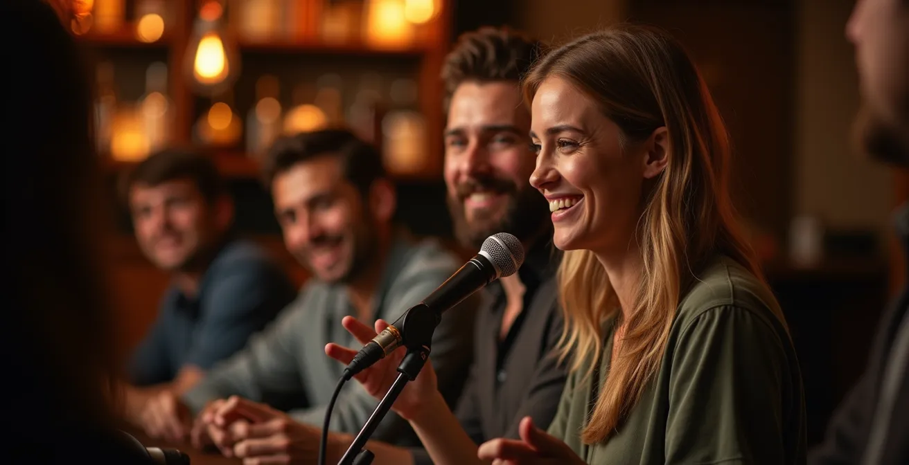 Musicien partageant une anecdote avec le public dans l'atmosphère intime d'un petit bar