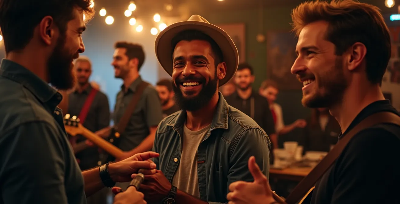 Vue d'ensemble d'une jam session avec musiciens échangeant contacts et cartes de visite