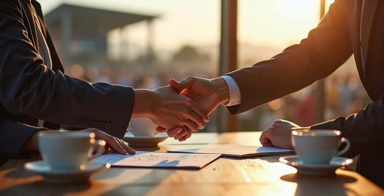 Mains échangeant un contrat lors d'une négociation professionnelle dans un cadre festivalier