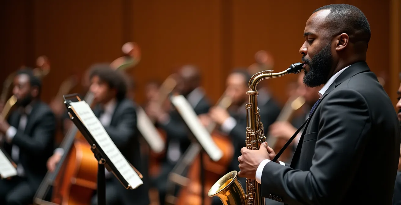 Vue latérale d'un orchestre montrant l'équilibre acoustique naturel des sections
