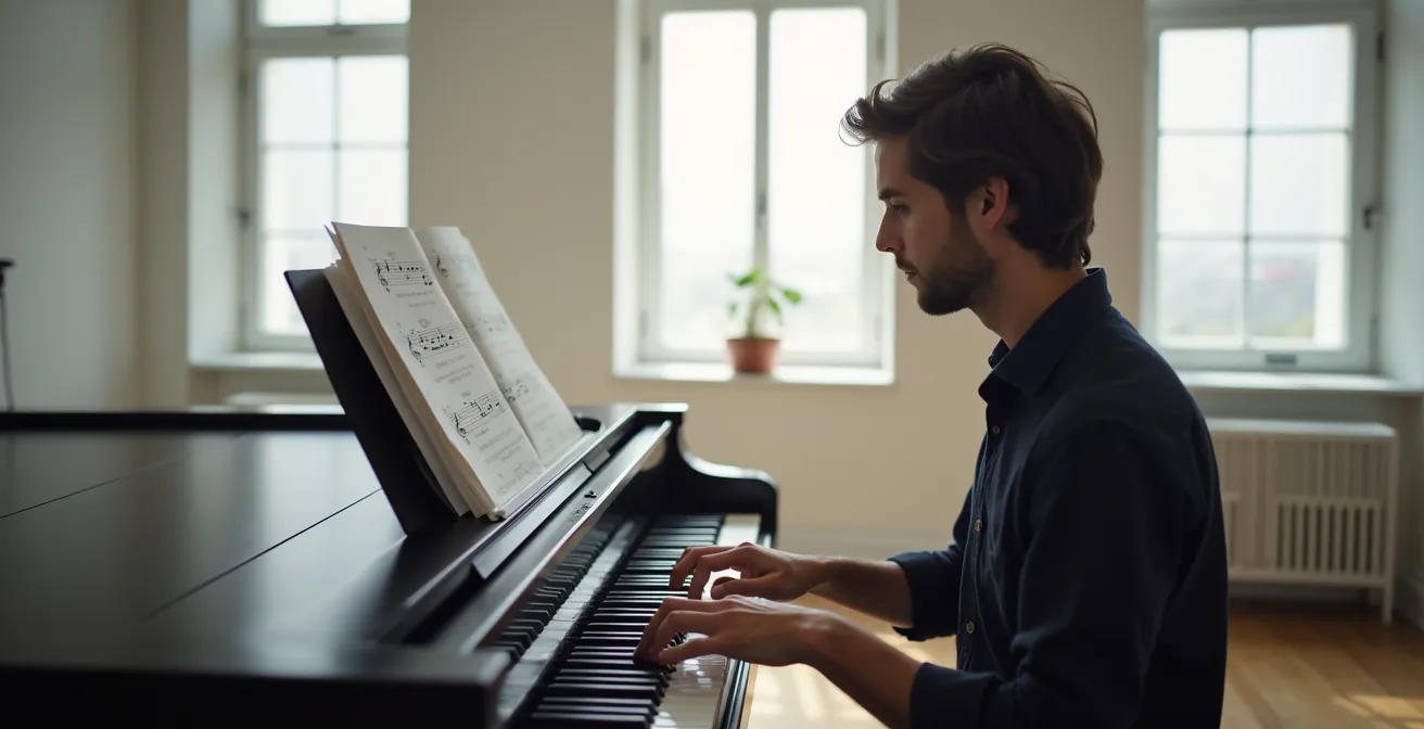 Vue latérale d'un pianiste dont le regard est dirigé vers l'avant de la partition pendant que ses mains jouent