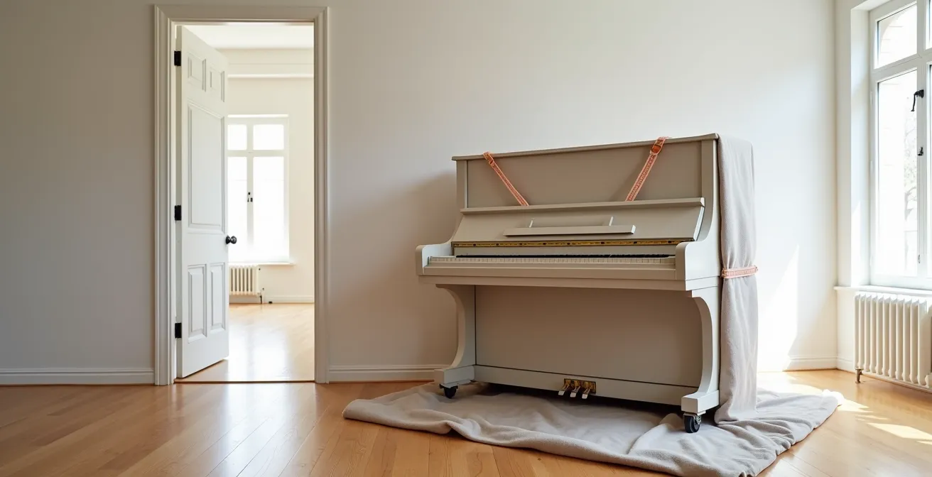 Piano droit emballé et sécurisé pour un transport professionnel