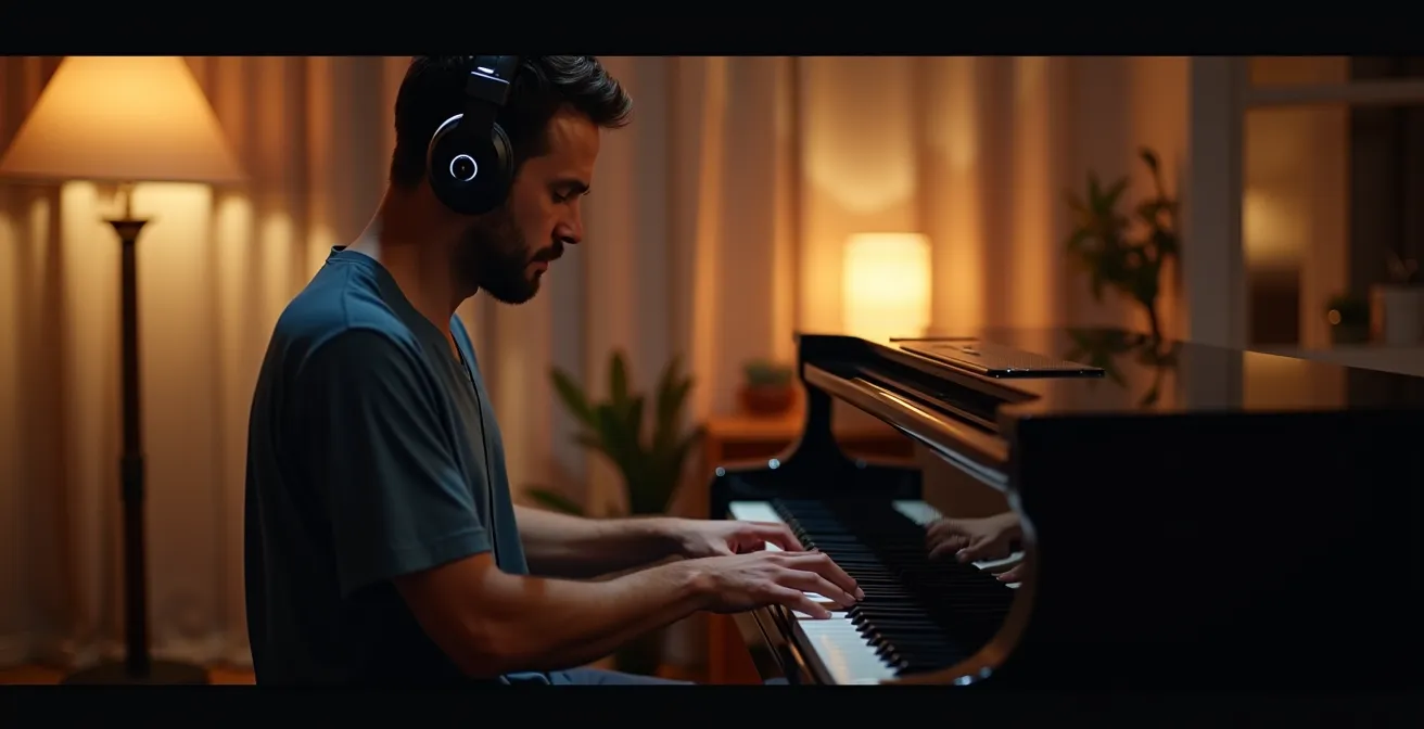 Un piano numérique dans un appartement avec un casque audio posé sur le pupitre
