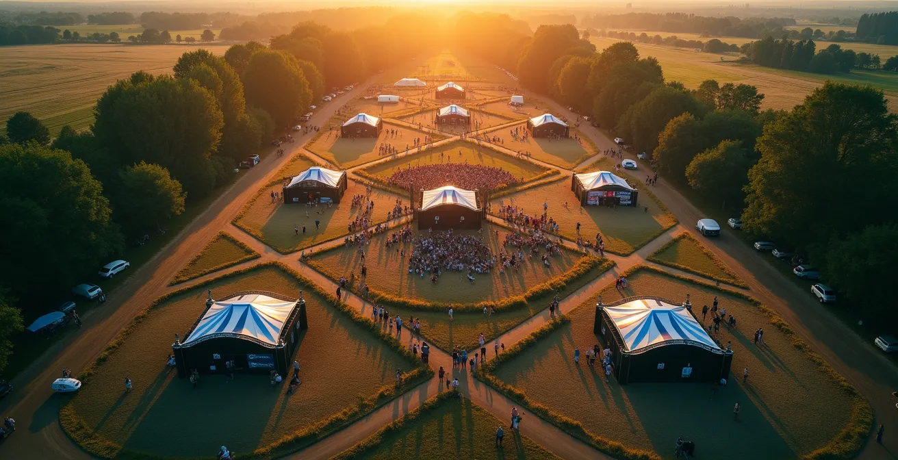 Vue aérienne d'un festival montrant les flux de foule entre différentes scènes avec des chemins lumineux représentant les déplacements