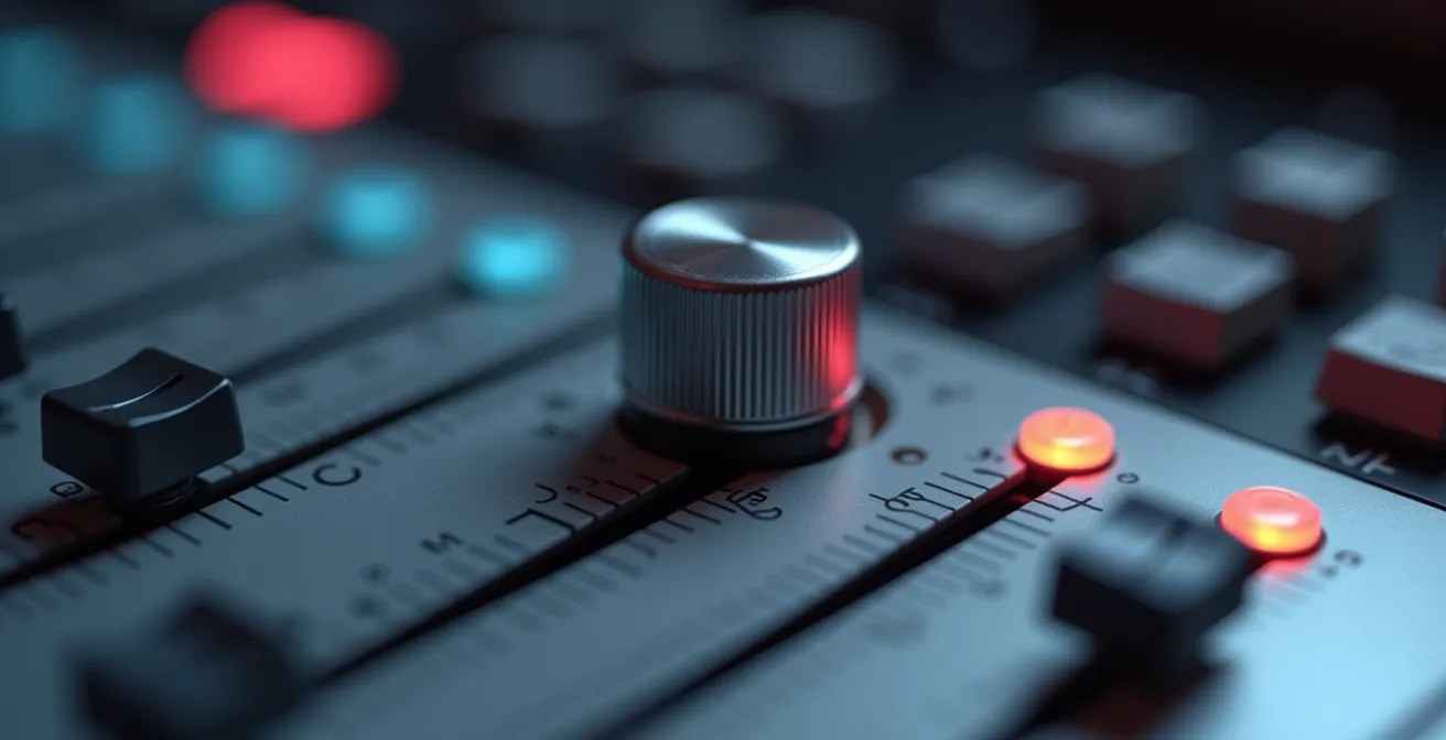 Interface de contrôle moderne avec boutons et faders pour production musicale