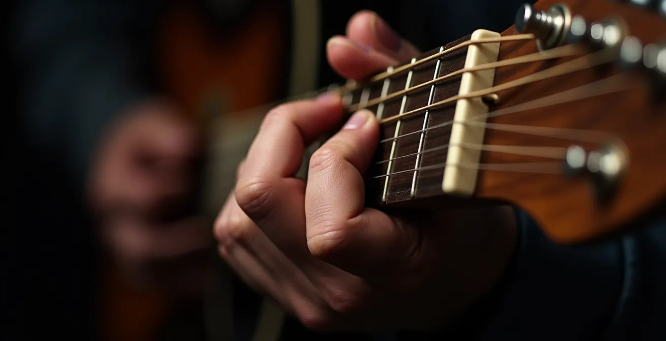 Main gauche d'un guitariste démontrant la technique du thumb-over sur le manche d'une guitare