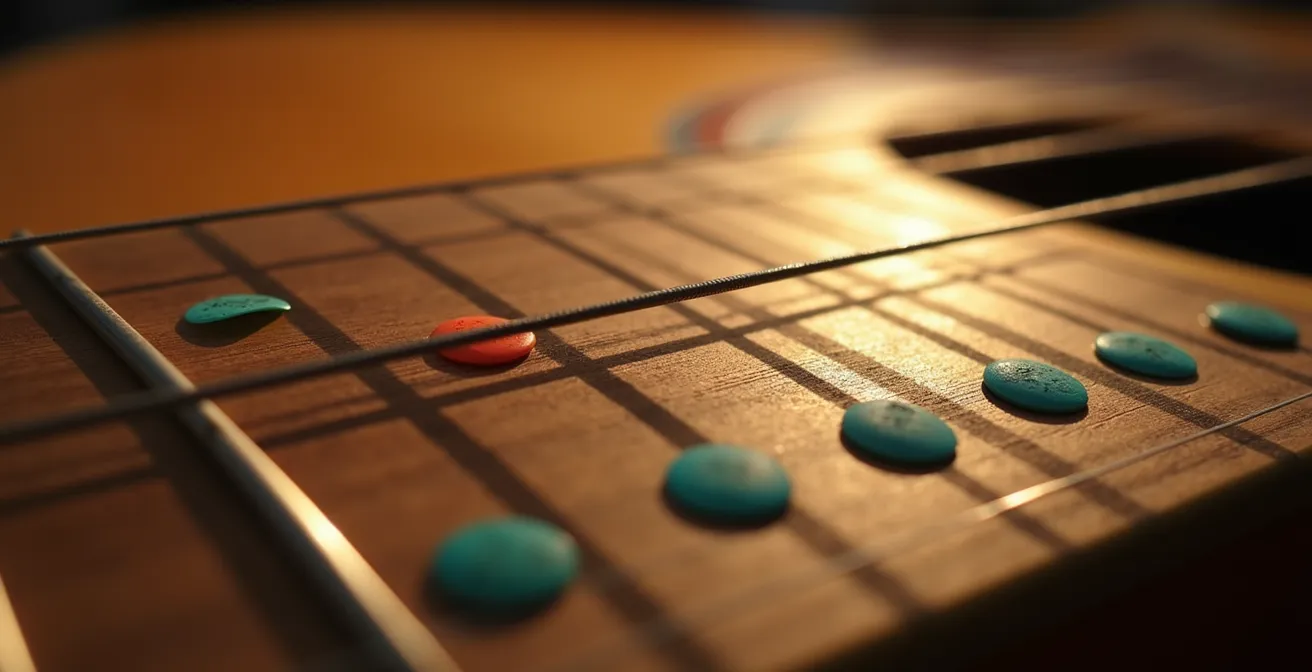 Vue macro du manche de guitare montrant les 5 positions de la pentatonique interconnectées