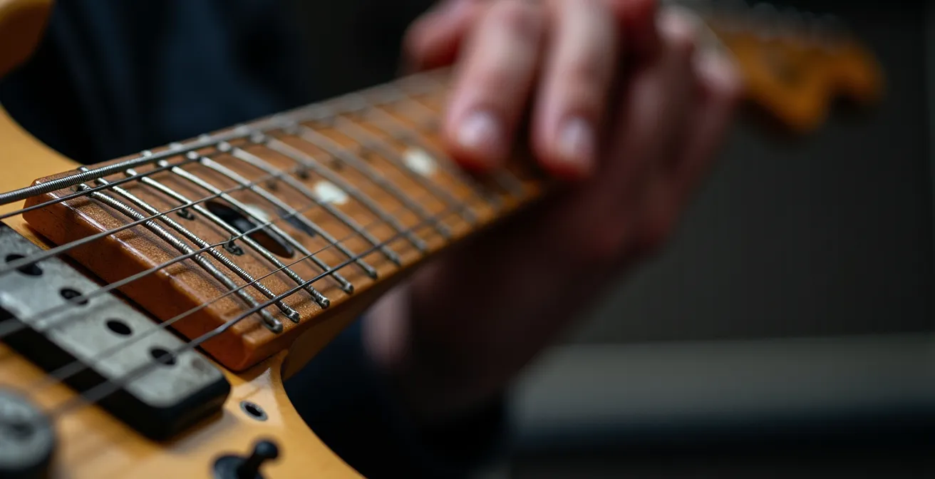 Gros plan sur une main jouant des power chords sur une guitare électrique